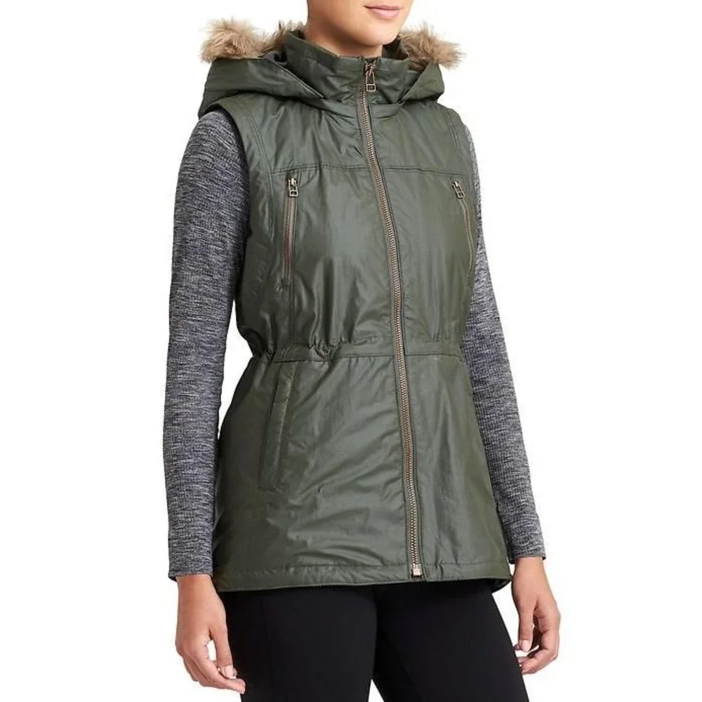 Athleta‎ Alpine Air Vest Small Green Hooded Faux Fur Zip Up Utility Jacket Fall